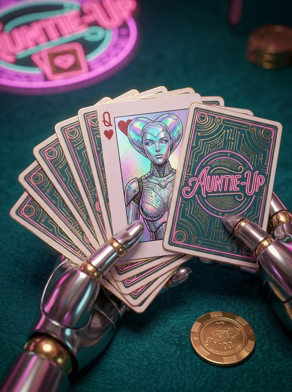 Chrome fembot hands fanning a deck of Auntie Up playing cards on teal felt