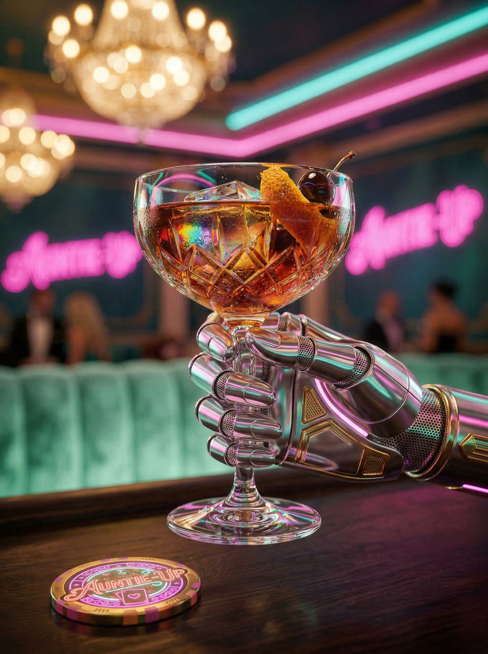 A chrome fembot hand raising a gold-rimmed coupe cocktail at the Auntie Up bar