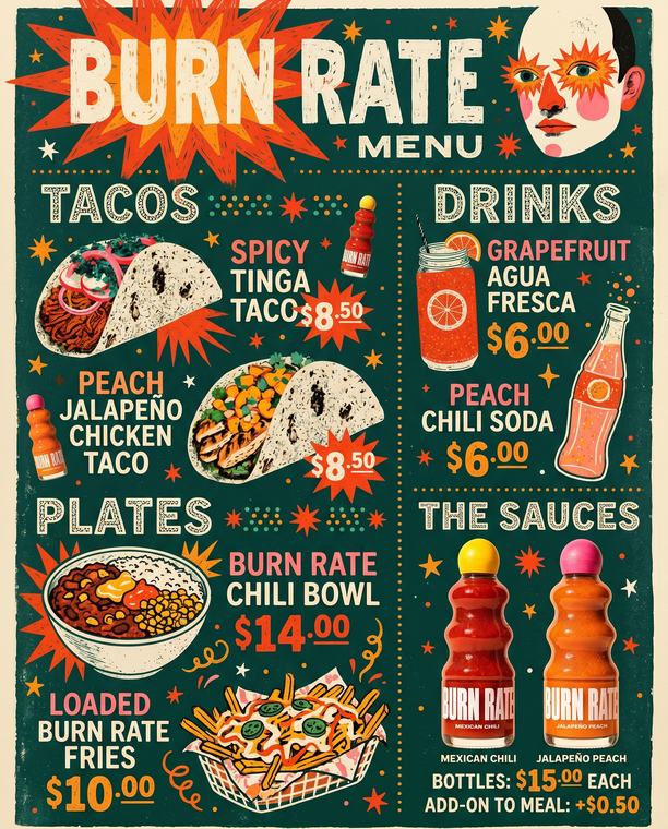BURN RATE HOT SAUCE — Diner menu board