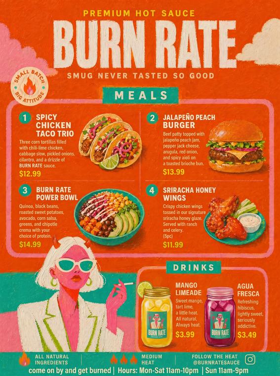 BURN RATE HOT SAUCE — Full meal menu