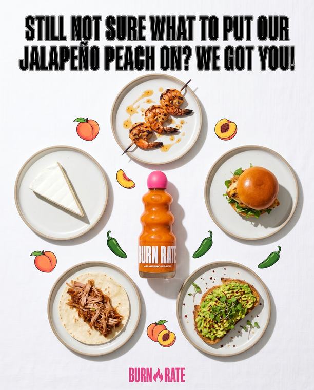 BURN RATE HOT SAUCE — Overhead flat lay